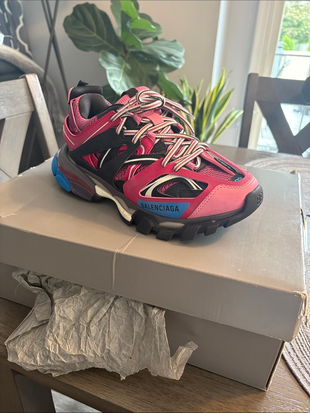 Balenciaga Hot Pink and Black Trail Runner Sneaker with Blue Accents